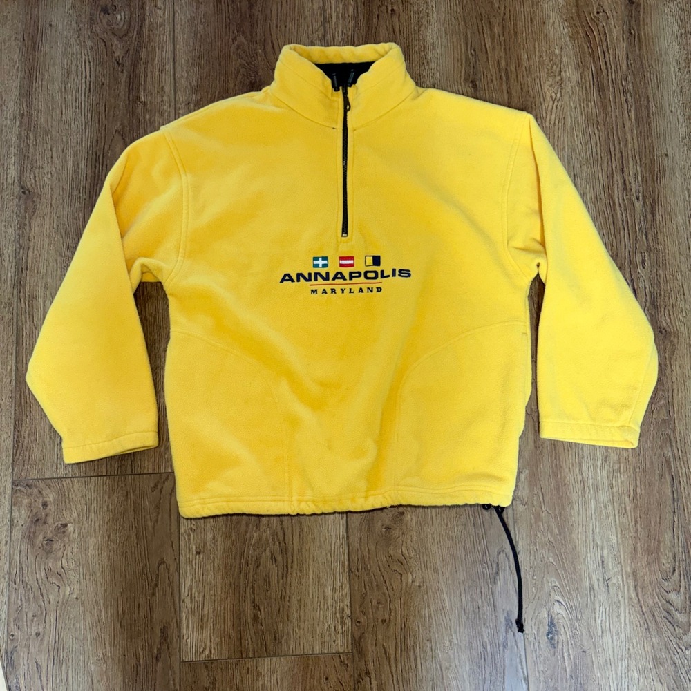 90s Annapolis Maryland Yellow Fleece 1/4 Zip Sweater Mens M USA made embroidered